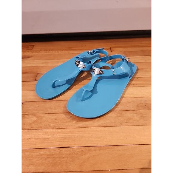 Michael Kors Silver Logo Jelly Thong PVC Blue Sandals Women's Size 9 - Picture 1 of 5